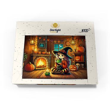 Cozy Halloween Witch with Black Cat by Fireplace 1000 Jigsaw Puzzle box view3