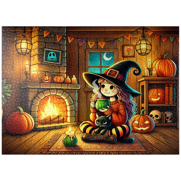 puzzleplate Cozy Halloween Witch with Black Cat by Fireplace 1000 Jigsaw Puzzle