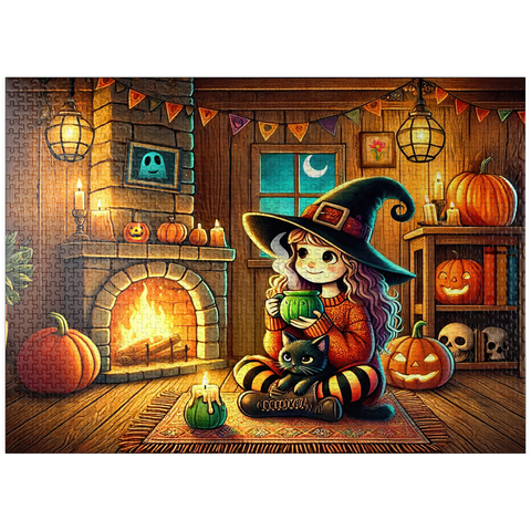 puzzleplate Cozy Halloween Witch with Black Cat by Fireplace 1000 Jigsaw Puzzle
