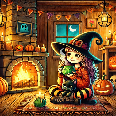 Cozy Halloween Witch with Black Cat by Fireplace 1000 Jigsaw Puzzle 3D Modell