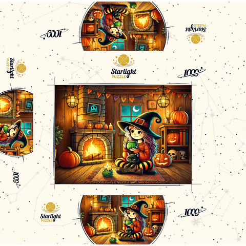Cozy Halloween Witch with Black Cat by Fireplace 1000 Jigsaw Puzzle box 3D Modell