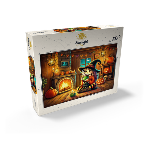 Cozy Halloween Witch with Black Cat by Fireplace 100 Jigsaw Puzzle box view2