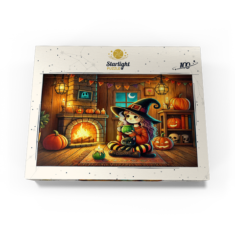 Cozy Halloween Witch with Black Cat by Fireplace 100 Jigsaw Puzzle box view3