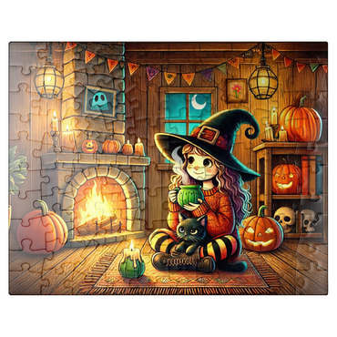 puzzleplate Cozy Halloween Witch with Black Cat by Fireplace 100 Jigsaw Puzzle