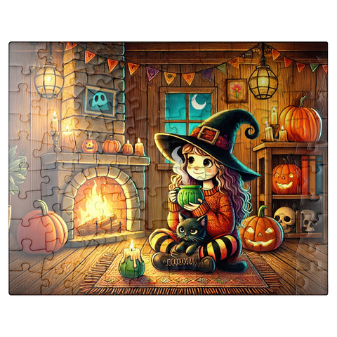 puzzleplate Cozy Halloween Witch with Black Cat by Fireplace 100 Jigsaw Puzzle