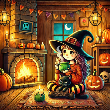 Cozy Halloween Witch with Black Cat by Fireplace 100 Jigsaw Puzzle 3D Modell