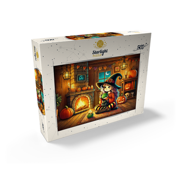 Cozy Halloween Witch with Black Cat by Fireplace 500 Jigsaw Puzzle box view2