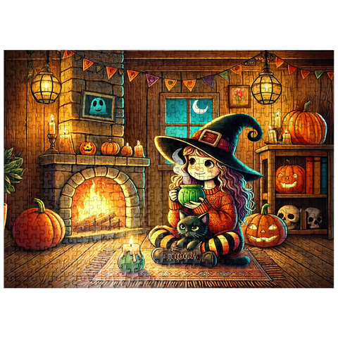 puzzleplate Cozy Halloween Witch with Black Cat by Fireplace 500 Jigsaw Puzzle