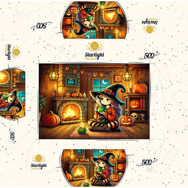 Cozy Halloween Witch with Black Cat by Fireplace 500 Jigsaw Puzzle box 3D Modell