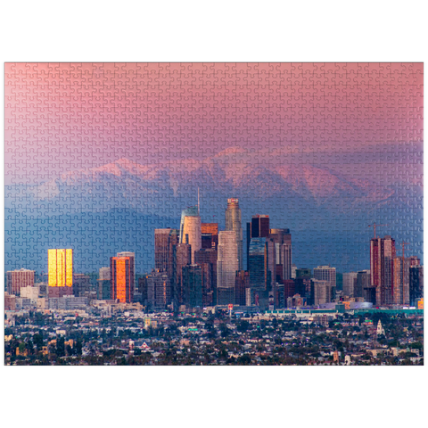 puzzleplate Los Angeles Skyline at Sunset with Snowy Mountains 1000 Jigsaw Puzzle