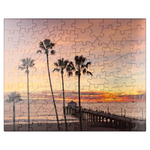 puzzleplate Manhattan Beach Pier - Sunset with Silhouetted Palms 100 Jigsaw Puzzle