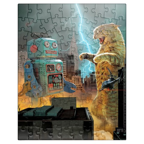 puzzleplate Catzilla Vs Robot Movie Cats- Vincent Hie 100 Jigsaw Puzzle