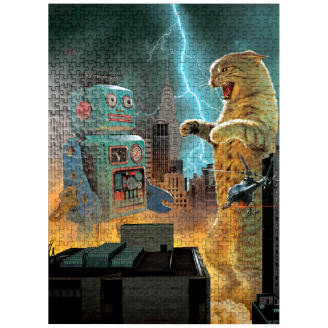 puzzleplate Catzilla Vs Robot Movie Cats- Vincent Hie 500 Jigsaw Puzzle