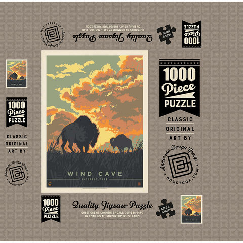 Wind Cave National Park: Bison Sunrise, Vintage Poster 1000 Jigsaw Puzzle box 3D Modell