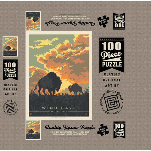 Wind Cave National Park: Bison Sunrise, Vintage Poster 100 Jigsaw Puzzle box 3D Modell