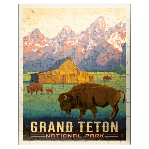 puzzleplate Grand Teton National Park: Bison & Barn, Vintage Poster 100 Jigsaw Puzzle