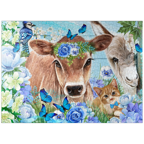 puzzleplate Blue Blossom Buddies Cow Donkey Cat - Sheena Pike 1000 Jigsaw Puzzle