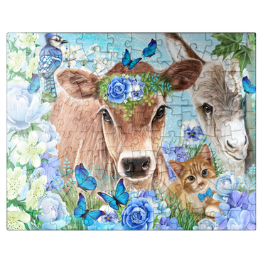 puzzleplate Blue Blossom Buddies Cow Donkey Cat - Sheena Pike 100 Jigsaw Puzzle