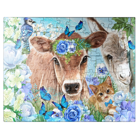 puzzleplate Blue Blossom Buddies Cow Donkey Cat - Sheena Pike 100 Jigsaw Puzzle