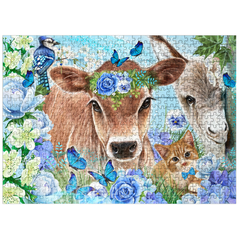 puzzleplate Blue Blossom Buddies Cow Donkey Cat - Sheena Pike 500 Jigsaw Puzzle