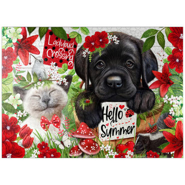 puzzleplate Red Blossom Buddies Puppy Cat HummingBird - Sheena Pike 1000 Jigsaw Puzzle