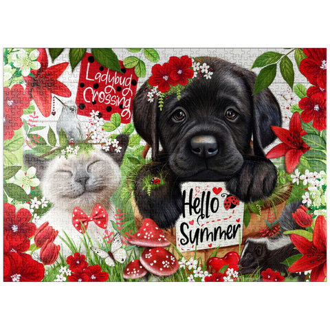 puzzleplate Red Blossom Buddies Puppy Cat HummingBird - Sheena Pike 1000 Jigsaw Puzzle