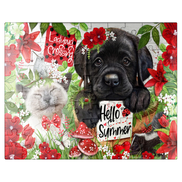 puzzleplate Red Blossom Buddies Puppy Cat HummingBird - Sheena Pike 100 Jigsaw Puzzle