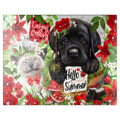 puzzleplate Red Blossom Buddies Puppy Cat HummingBird - Sheena Pike 100 Jigsaw Puzzle