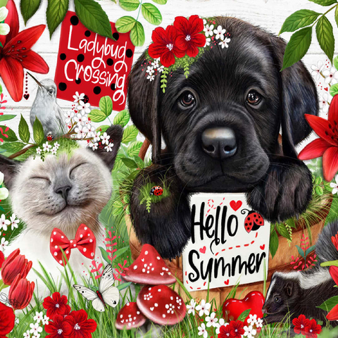 Red Blossom Buddies Puppy Cat HummingBird - Sheena Pike 100 Jigsaw Puzzle 3D Modell