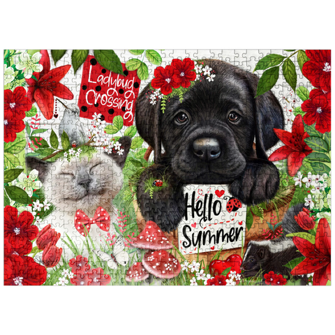 puzzleplate Red Blossom Buddies Puppy Cat HummingBird - Sheena Pike 500 Jigsaw Puzzle