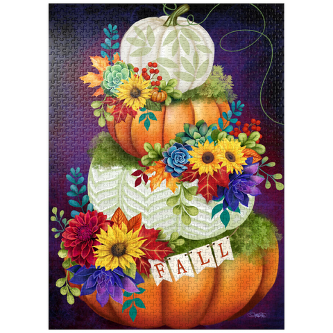 puzzleplate Indigo Autumn Pumpkin Stack - Sheena Pike 1000 Jigsaw Puzzle