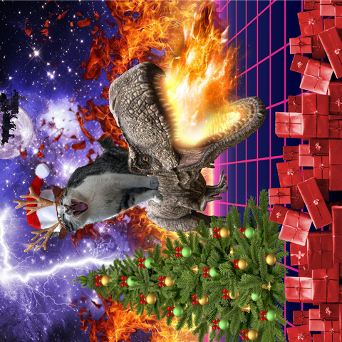 Christmas Cat Riding Dinosaur, Santa T-Rex - Random Galaxy 1000 Jigsaw Puzzle 3D Modell