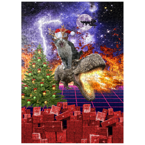 puzzleplate Christmas Cat Riding Dinosaur, Santa T-Rex - Random Galaxy 500 Jigsaw Puzzle
