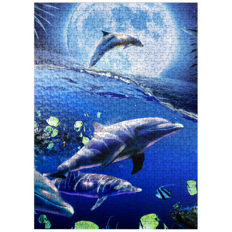 puzzleplate Moonlight Dolphin Gliding Through the Night Ocean - Random Galaxy 500 Jigsaw Puzzle