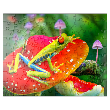puzzleplate Red-Eyed Tree Frog in a Magical Mushroom Forest - Random Galaxy 100 Jigsaw Puzzle