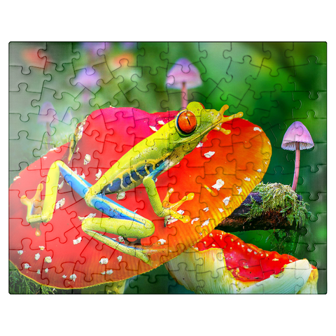 puzzleplate Red-Eyed Tree Frog in a Magical Mushroom Forest - Random Galaxy 100 Jigsaw Puzzle