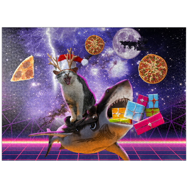 puzzleplate Christmas Cat Riding Shark in Space - Random Galaxy 1000 Jigsaw Puzzle