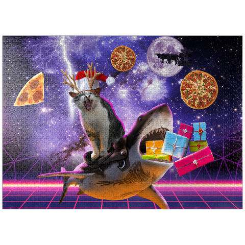 puzzleplate Christmas Cat Riding Shark in Space - Random Galaxy 1000 Jigsaw Puzzle