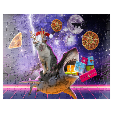puzzleplate Christmas Cat Riding Shark in Space - Random Galaxy 100 Jigsaw Puzzle