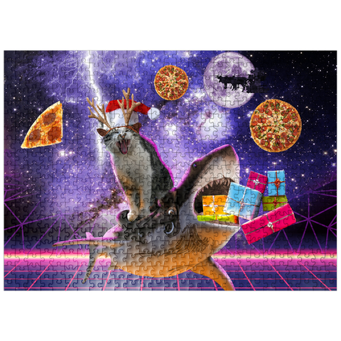 puzzleplate Christmas Cat Riding Shark in Space - Random Galaxy 500 Jigsaw Puzzle