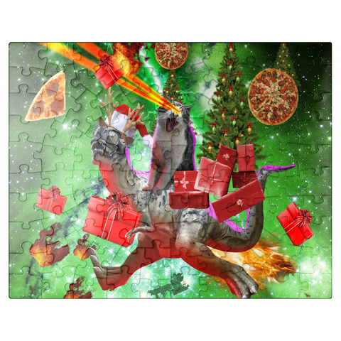 puzzleplate Christmas Present Cat Riding Dinosaur - Random Galaxy 100 Jigsaw Puzzle