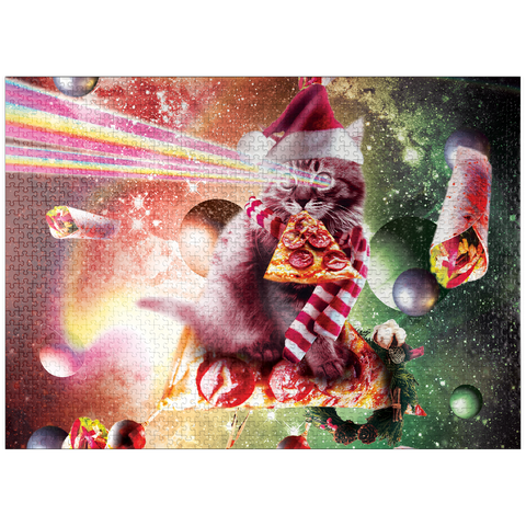 puzzleplate Pizza Laser Cat Celebrating Christmas - Random Galaxy 1000 Jigsaw Puzzle