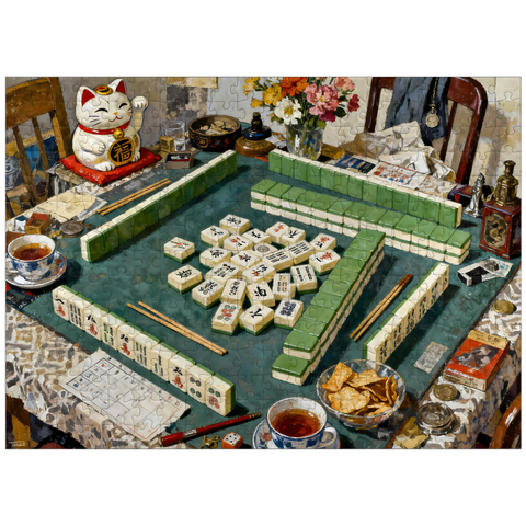 puzzleplate Mahjong Table Still Life With Lucky Cat 300 Jigsaw Puzzle