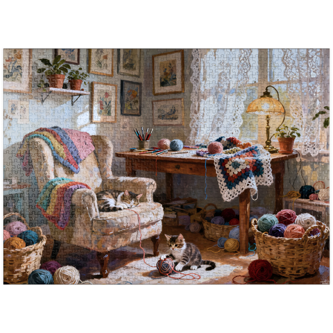 puzzleplate Sunlit Knitting Room Cats by Window 1000 Jigsaw Puzzle