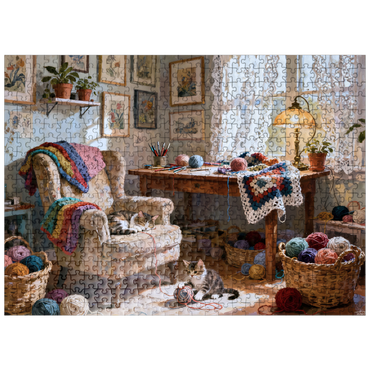 puzzleplate Sunlit Knitting Room Cats by Window 500 Jigsaw Puzzle