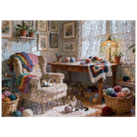 puzzleplate Sunlit Knitting Room Cats by Window 500 Jigsaw Puzzle