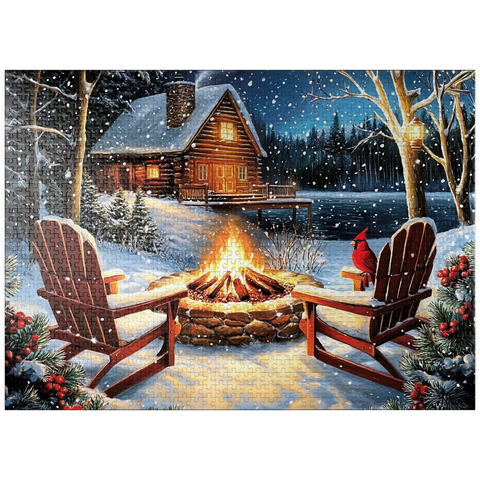 puzzleplate Cozy Lakeside Log Cabin Winter Firepit 1000 Jigsaw Puzzle