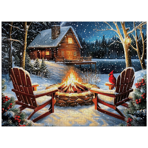 puzzleplate Cozy Lakeside Log Cabin Winter Firepit 300 Jigsaw Puzzle