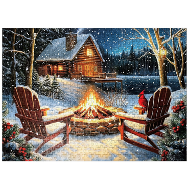 puzzleplate Cozy Lakeside Log Cabin Winter Firepit 500 Jigsaw Puzzle