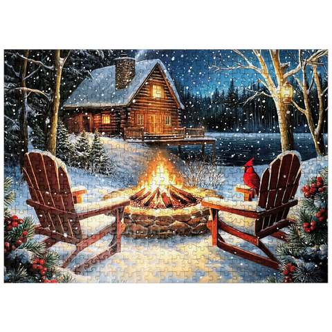 puzzleplate Cozy Lakeside Log Cabin Winter Firepit 500 Jigsaw Puzzle